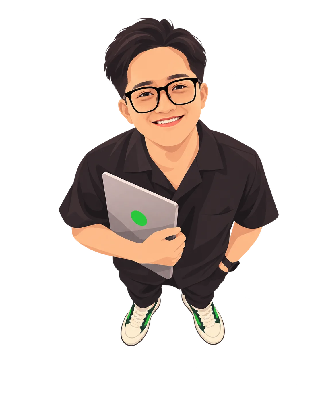 Illustration of Edo smiling up at the camera, holding a laptop
